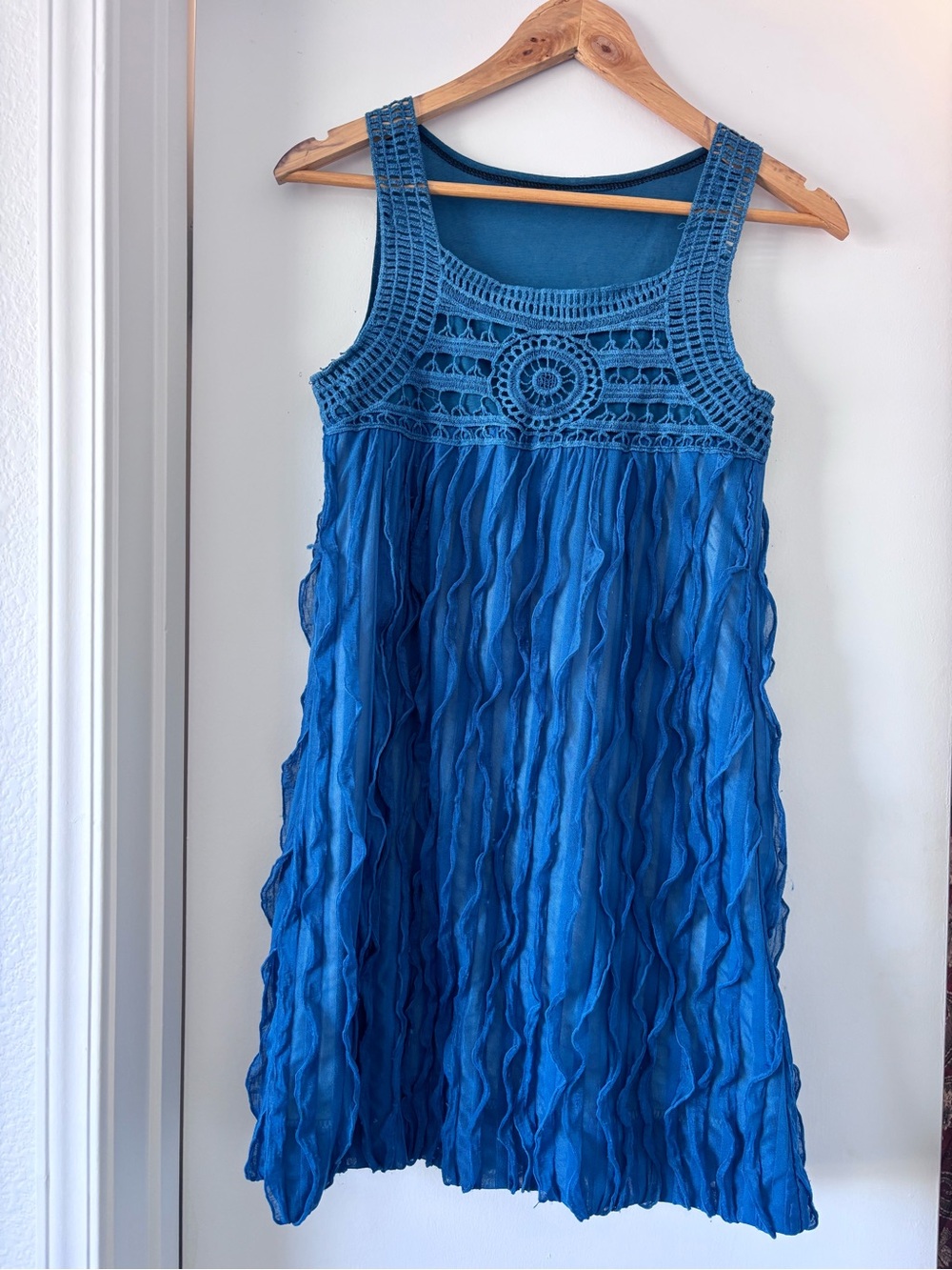 Women's Blue Crochet Yoke Casual Dress